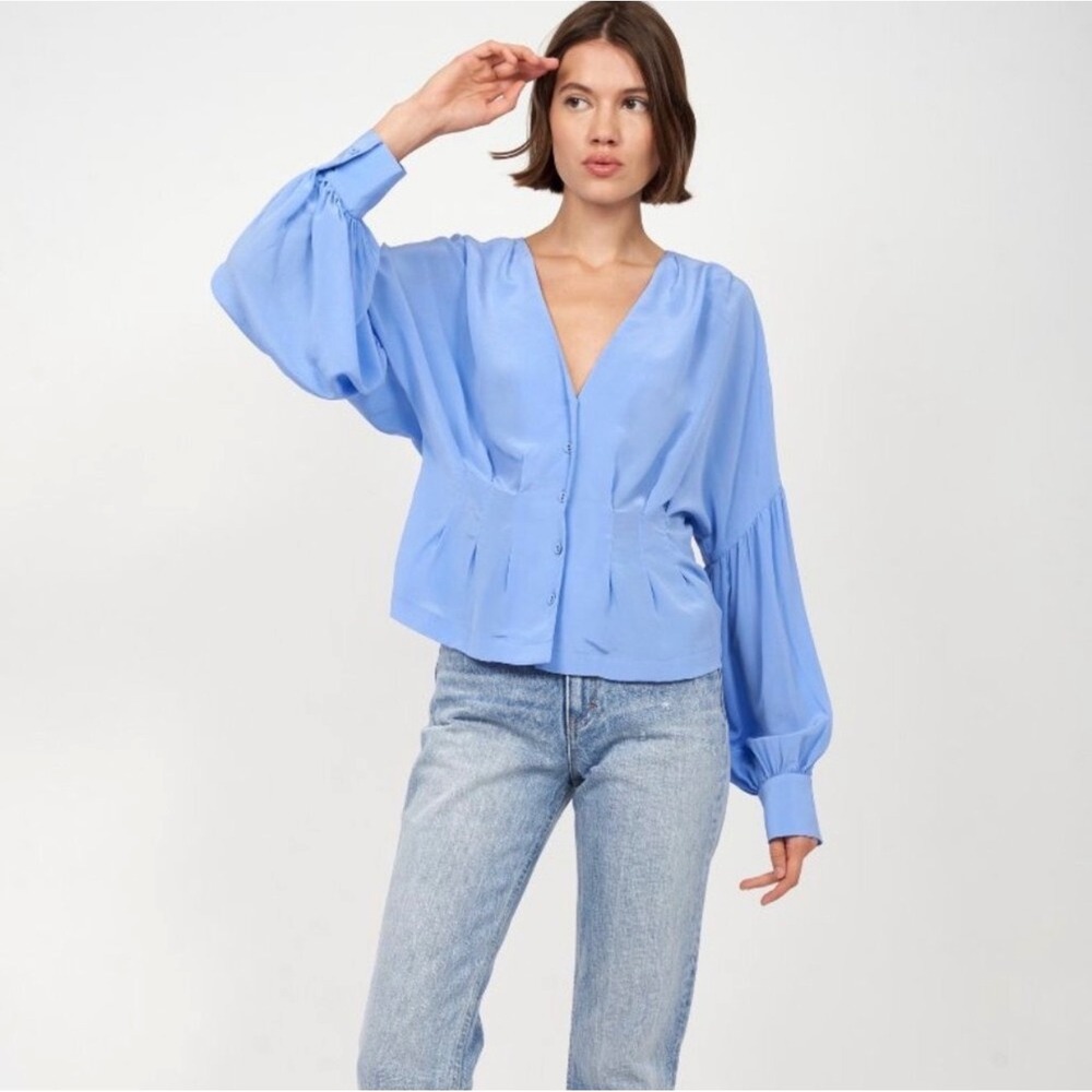 Joie Blue Mayson 100% Silk V-Neck Bishop Sleeve Button Front Blouse‎ Sz XS